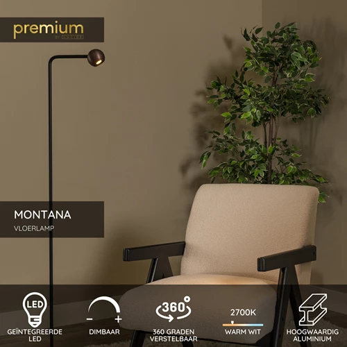 Lucide MONTANA - Vloerlamp - LED Dimb. - 1x6,3W 2700K - Koffie | Premium - USP